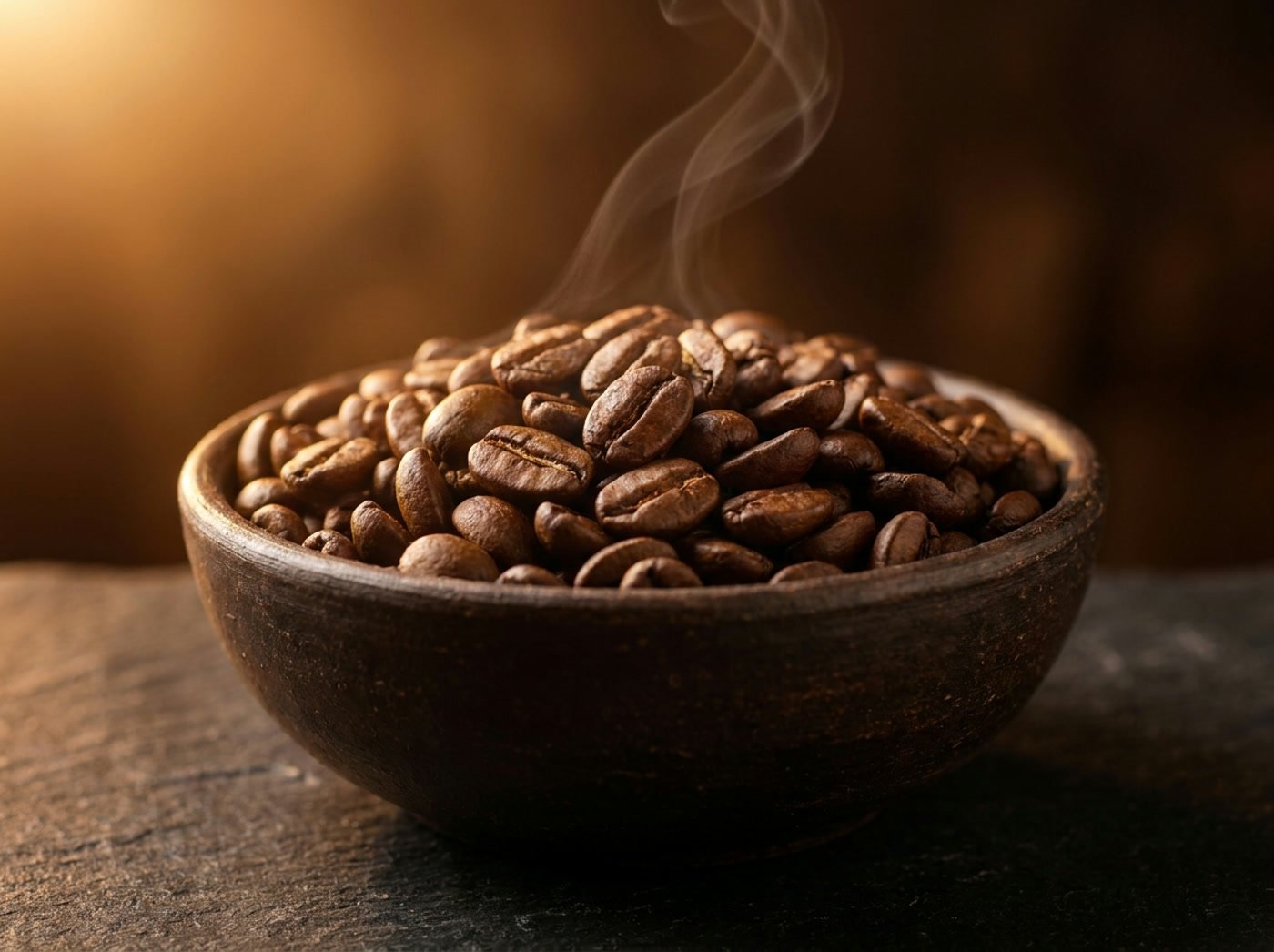 Freshly roasted coffee beans in a dark ceramic bowl